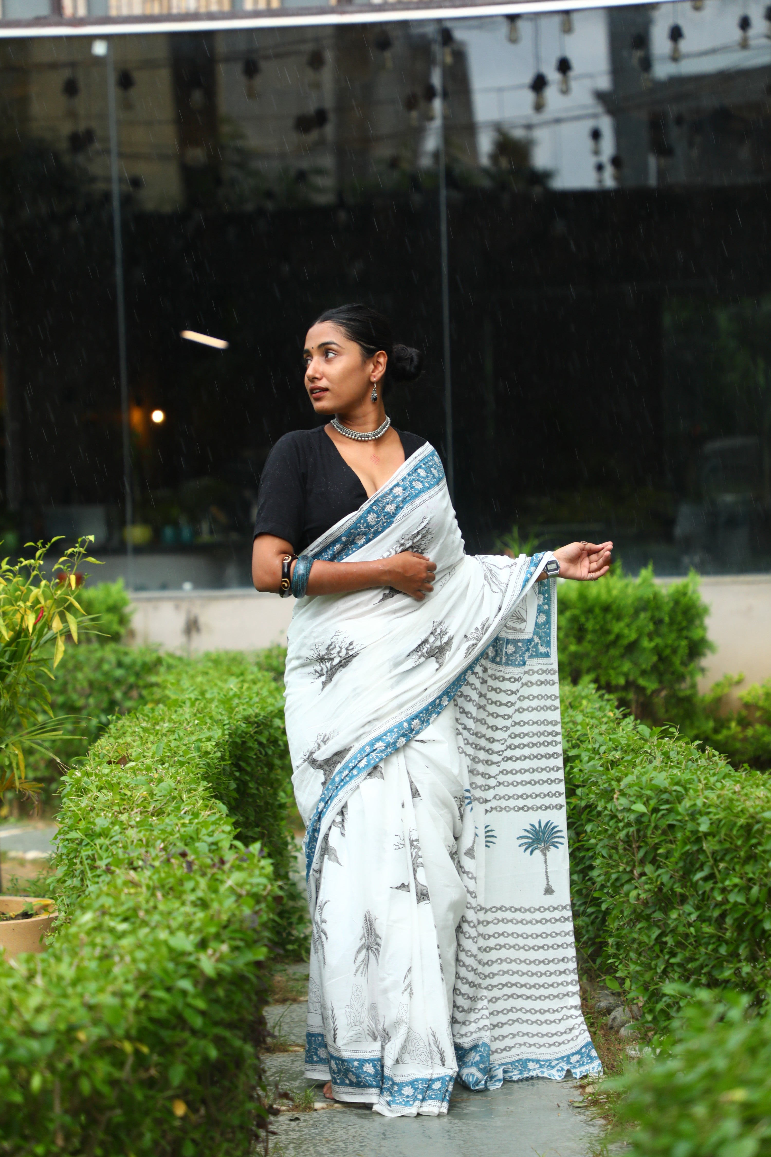 Jungle Saree - Handblock Cotton Mulmul Saree